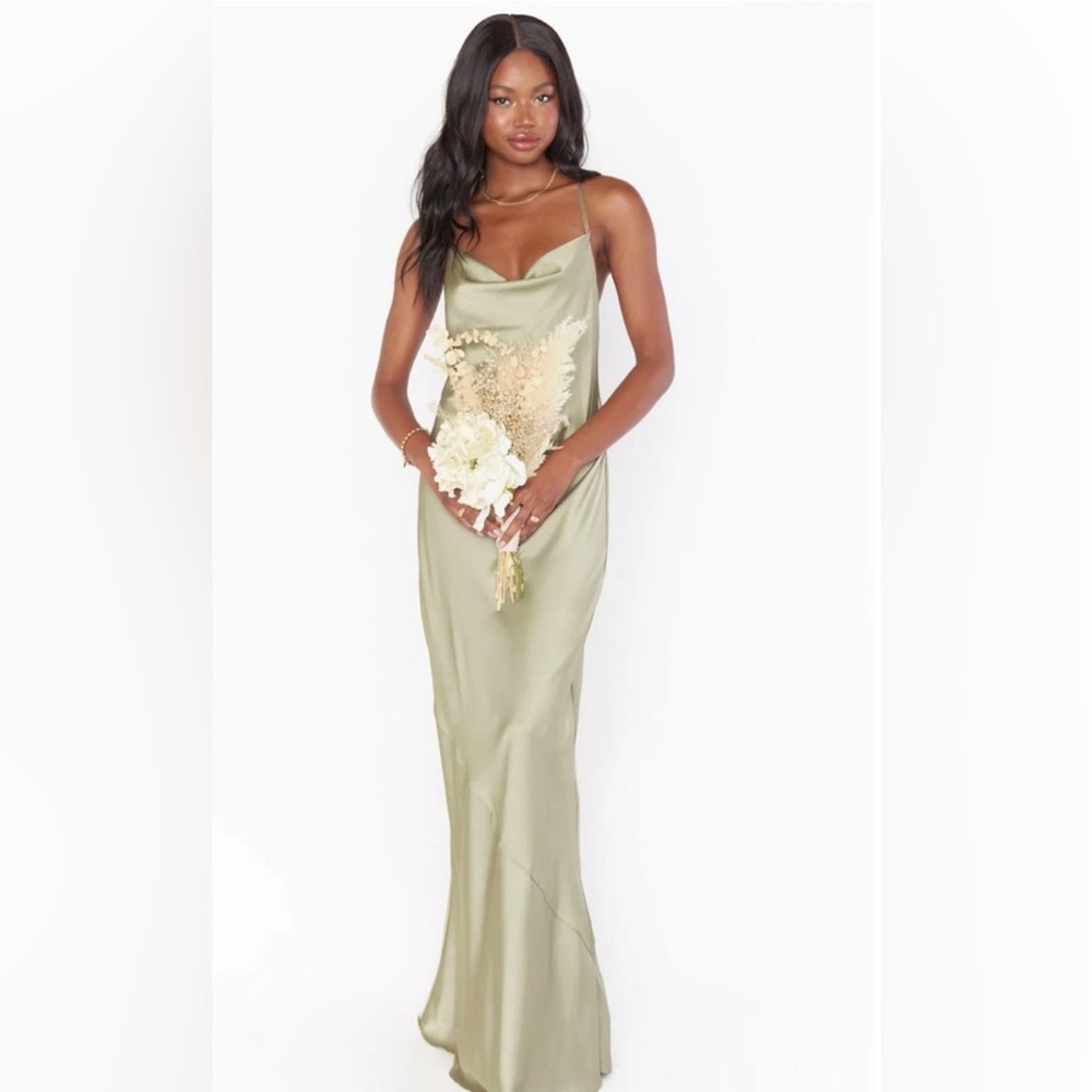 Show Me Your Mumu Tuscany Maxi Dress in Moss Green Luxe Satin M